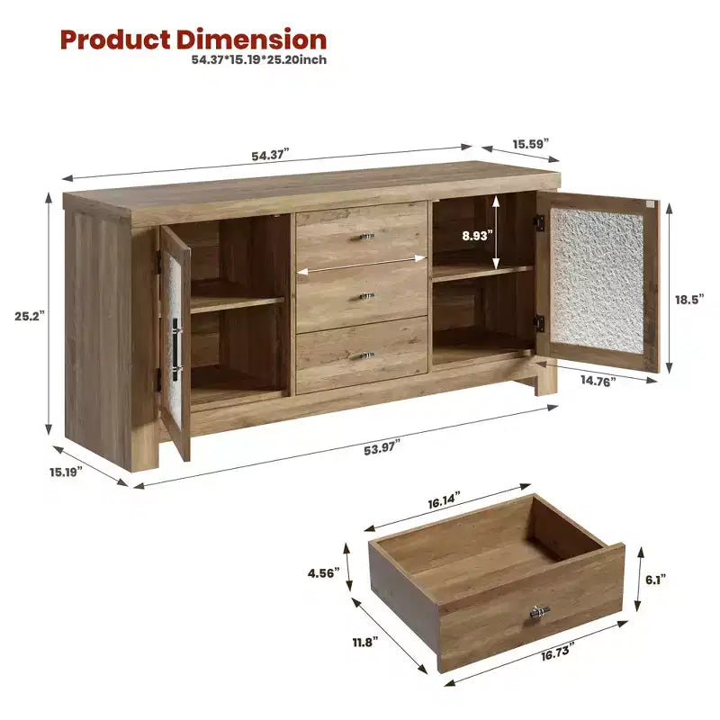 Buffet de cuisine 138 cm, Meuble de bar à café avec 2 portes vitrées et 3 tiroirs, Meuble de rangement d'appoint et Meuble TV, pour salon, salle à manger