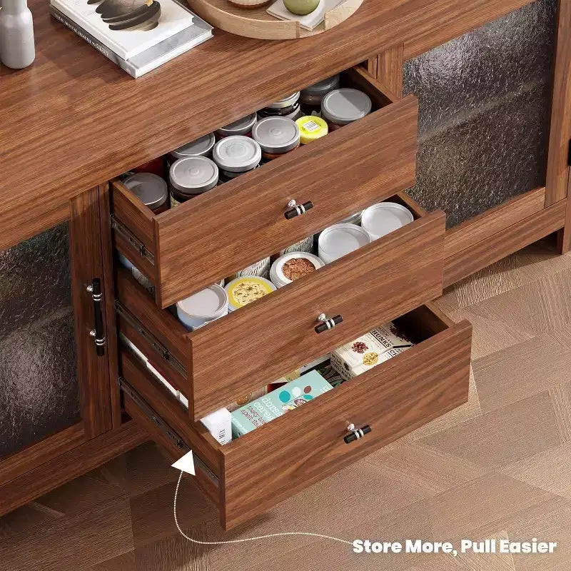 Buffet de cuisine 138 cm, Meuble de bar à café avec 2 portes vitrées et 3 tiroirs, Meuble de rangement d'appoint et Meuble TV, pour salon, salle à manger