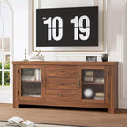Buffet de cuisine 138 cm, Meuble de bar à café avec 2 portes vitrées et 3 tiroirs, Meuble de rangement d'appoint et Meuble TV, pour salon, salle à manger