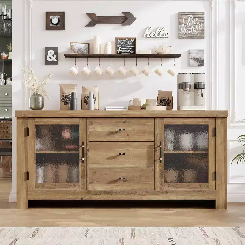 Buffet de cuisine 138 cm, Meuble de bar à café avec 2 portes vitrées et 3 tiroirs, Meuble de rangement d'appoint et Meuble TV, pour salon, salle à manger