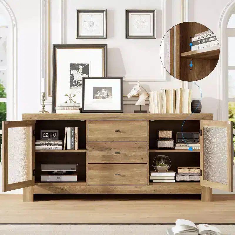 Buffet de cuisine 138 cm, Meuble de bar à café avec 2 portes vitrées et 3 tiroirs, Meuble de rangement d'appoint et Meuble TV, pour salon, salle à manger