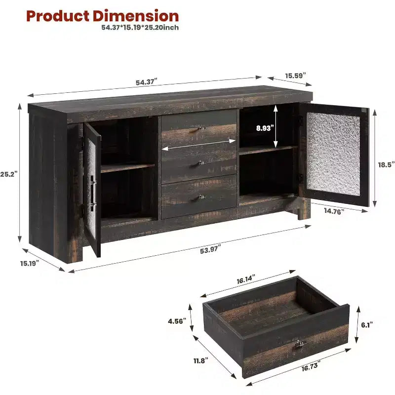 Buffet de cuisine 138 cm, Meuble de bar à café avec 2 portes vitrées et 3 tiroirs, Meuble de rangement d'appoint et Meuble TV, pour salon, salle à manger