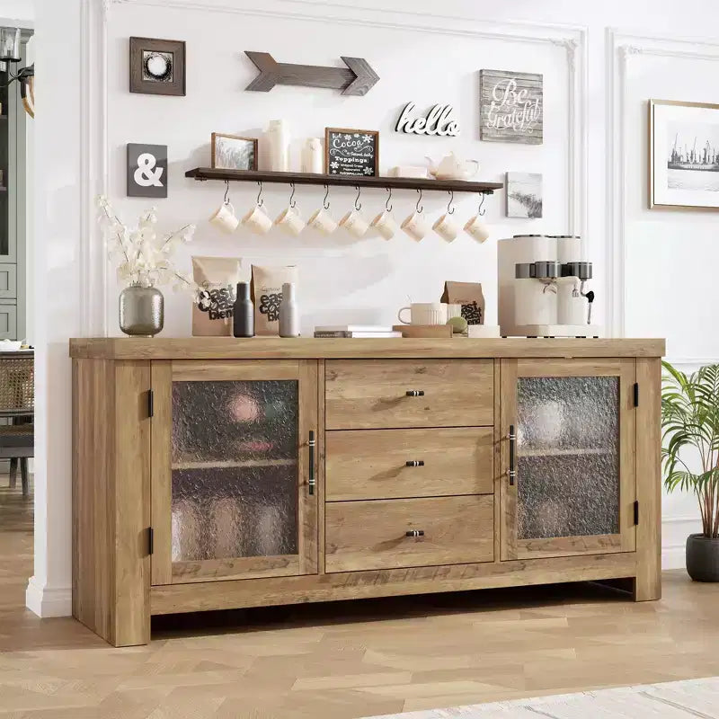 54.4 Kitchen Buffet Sideboard Cabinet, Coffee Bar Table with 2 Glass Doors & 3 Drawers, Accent Storage Cabinet & TV Stand, for Living Room, Dining
