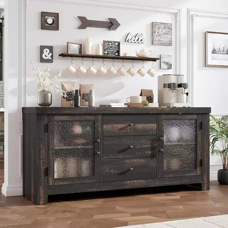 Buffet de cuisine 138 cm, Meuble de bar à café avec 2 portes vitrées et 3 tiroirs, Meuble de rangement d'appoint et Meuble TV, pour salon, salle à manger