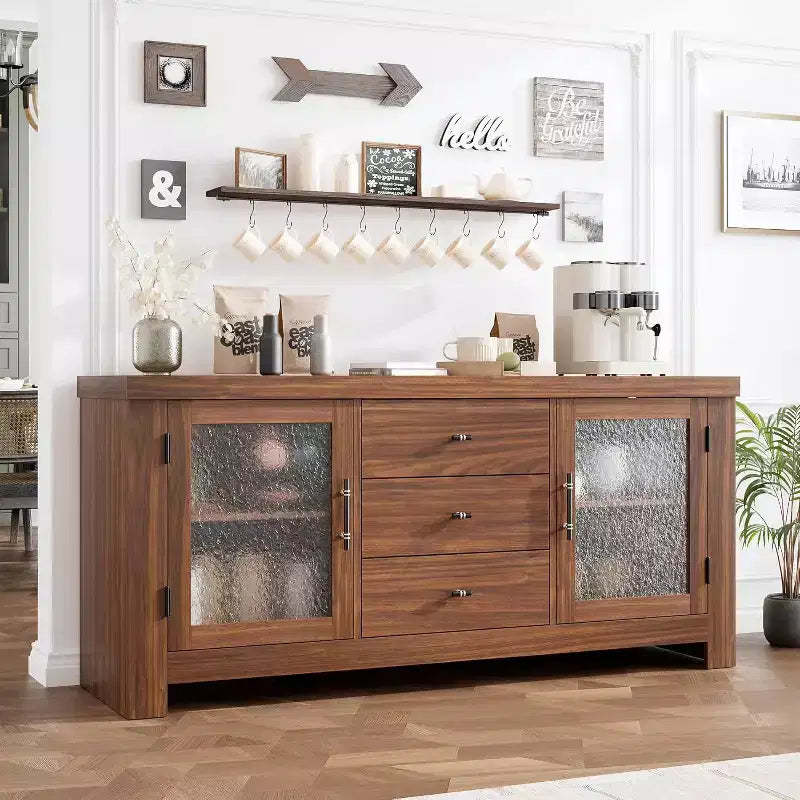 Buffet de cuisine 138 cm, Meuble de bar à café avec 2 portes vitrées et 3 tiroirs, Meuble de rangement d'appoint et Meuble TV, pour salon, salle à manger