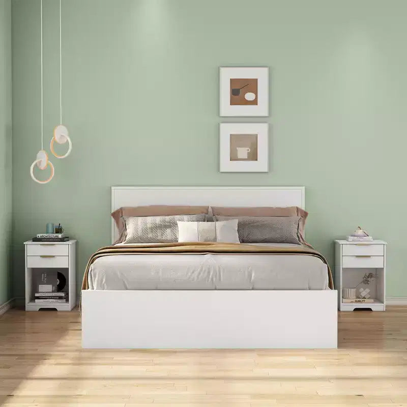 Avec son design épuré et moderne, cette table de chevet à 2 tiroirs, table d'appoint, table de nuit avec espace ouvert, poignée dorée, design moderne, pour le salon.