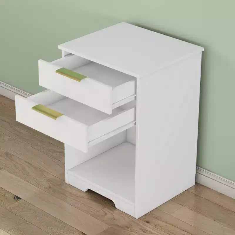 Avec son design épuré et moderne, cette table de chevet à 2 tiroirs, table d'appoint, table de nuit avec espace ouvert, poignée dorée, design moderne, pour le salon.