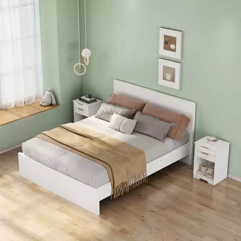 Avec son design épuré et moderne, cette table de chevet à 2 tiroirs, table d'appoint, table de nuit avec espace ouvert, poignée dorée, design moderne, pour le salon.