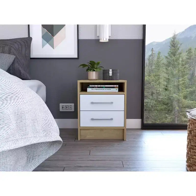 With a clean modern design, this White and Light Oak 2-Drawer 1-Shelf Rectangle Nightstand provides practical storage and a sturdy structure,.