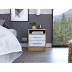 With a clean modern design, this White and Light Oak 2-Drawer 1-Shelf Rectangle Nightstand provides practical storage and a sturdy structure,.