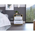 Avec son design épuré et moderne, cette table de chevet rectangulaire blanche et chêne clair à 2 tiroirs et 1 étagère offre un rangement pratique et une structure robuste.