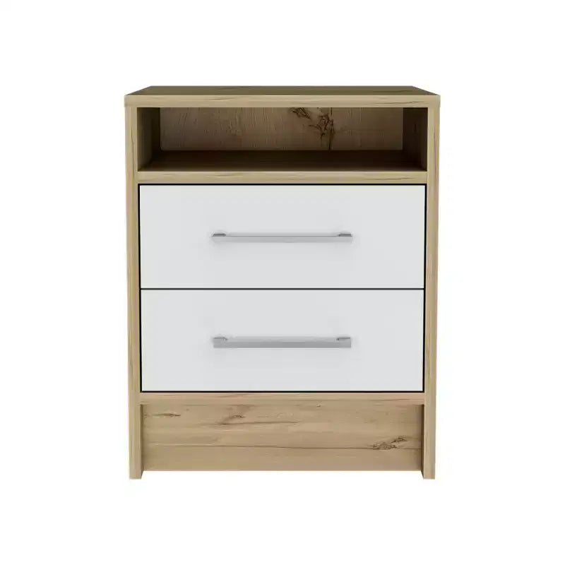 Avec son design épuré et moderne, cette table de chevet rectangulaire blanche et chêne clair à 2 tiroirs et 1 étagère offre un rangement pratique et une structure robuste.