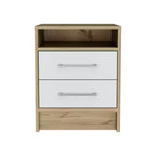Avec son design épuré et moderne, cette table de chevet rectangulaire blanche et chêne clair à 2 tiroirs et 1 étagère offre un rangement pratique et une structure robuste.