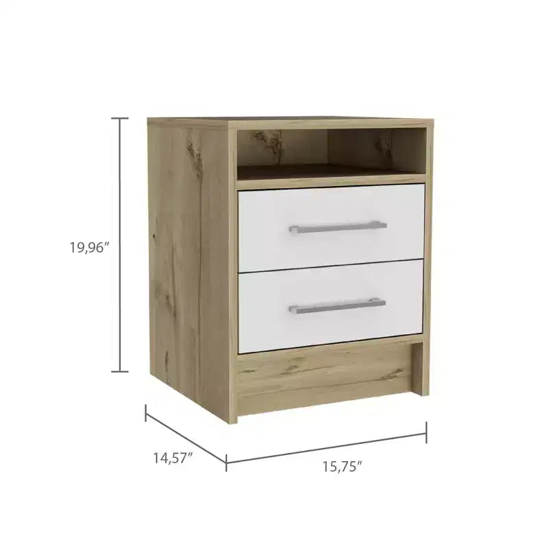 Avec son design épuré et moderne, cette table de chevet rectangulaire blanche et chêne clair à 2 tiroirs et 1 étagère offre un rangement pratique et une structure robuste.