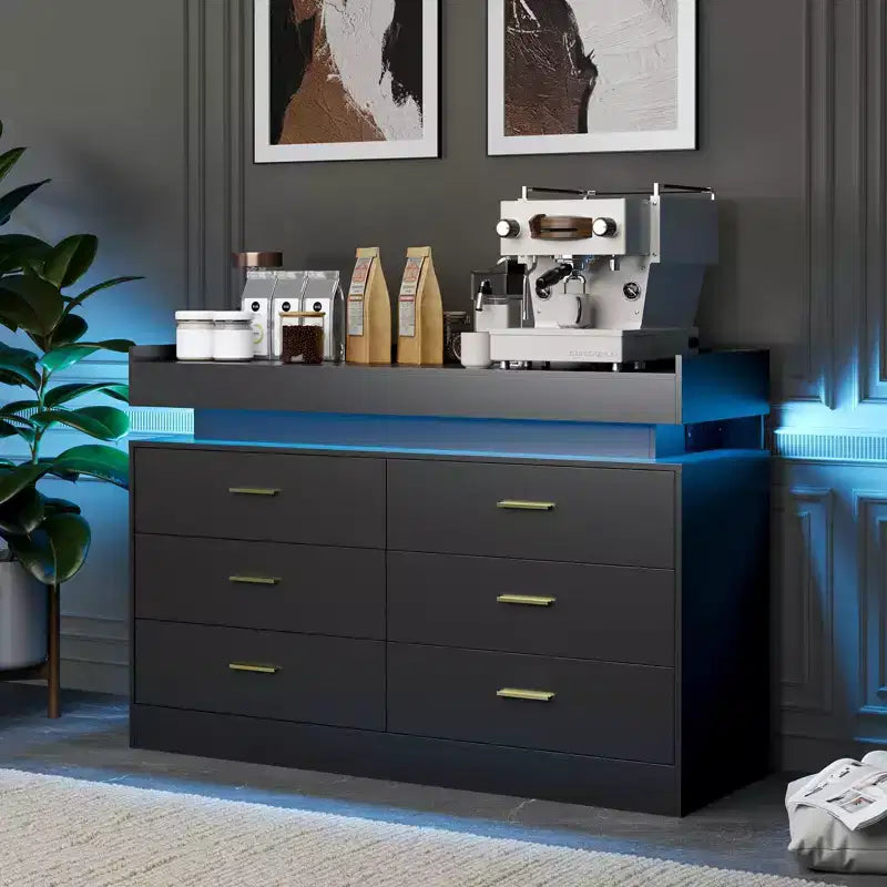 Buffet avec 6 tiroirs, buffet moderne, station de café avec comptoir flottant pour salon, cuisine