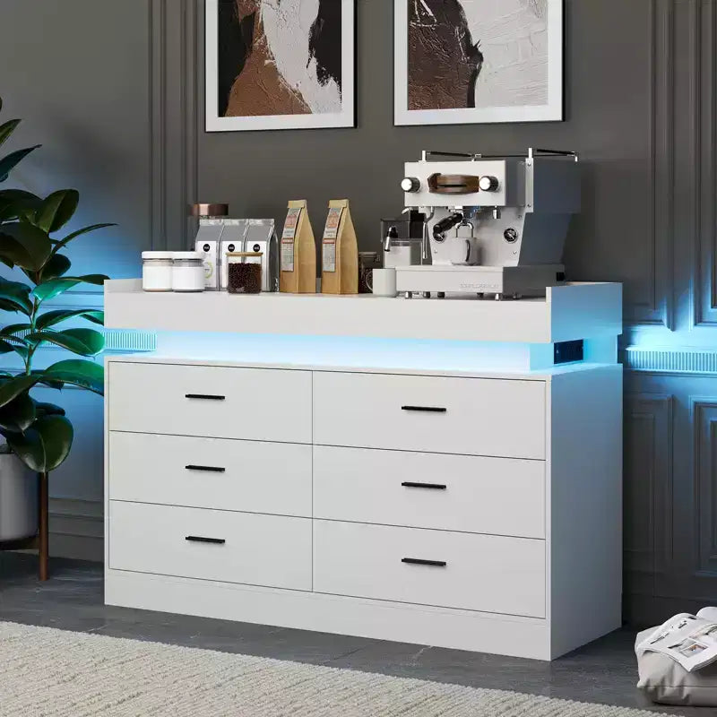 Buffet avec 6 tiroirs, buffet moderne, station de café avec comptoir flottant pour salon, cuisine
