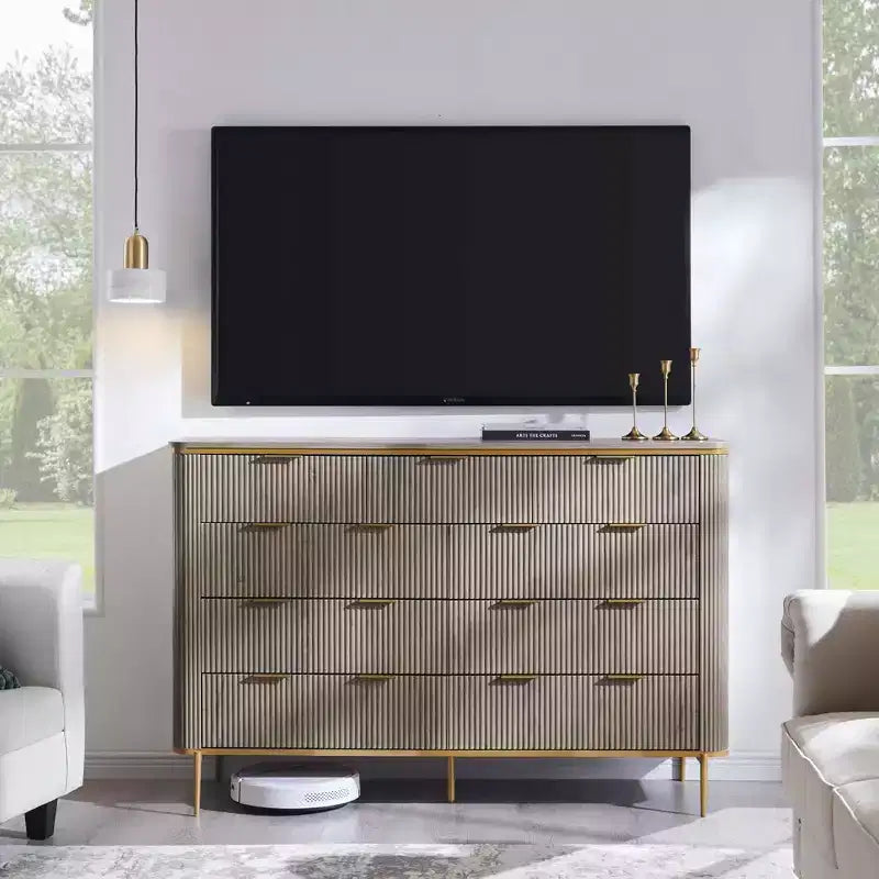 Commode à 9 tiroirs, chiffonnier en bois de 137 cm de large avec poignées métalliques, meuble TV et organiseur de rangement moderne pour chambre et salon