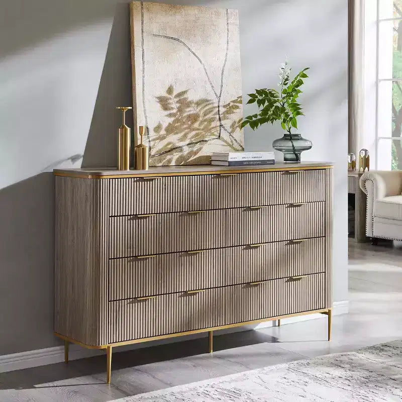 Commode à 9 tiroirs, chiffonnier en bois de 137 cm de large avec poignées métalliques, meuble TV et organiseur de rangement moderne pour chambre et salon