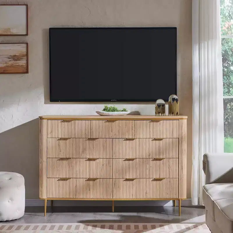 Commode à 9 tiroirs, chiffonnier en bois de 137 cm de large avec poignées métalliques, meuble TV et organiseur de rangement moderne pour chambre et salon