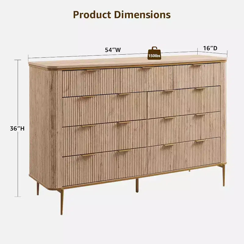 Commode à 9 tiroirs, chiffonnier en bois de 137 cm de large avec poignées métalliques, meuble TV et organiseur de rangement moderne pour chambre et salon