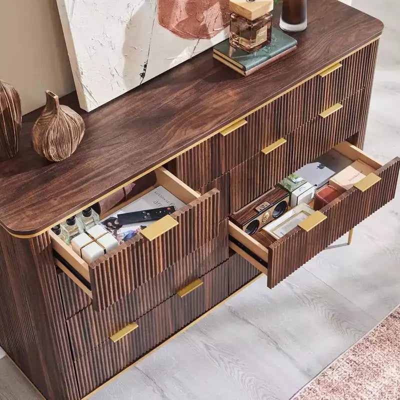 Commode à 9 tiroirs, chiffonnier en bois de 137 cm de large avec poignées métalliques, meuble TV et organiseur de rangement moderne pour chambre et salon