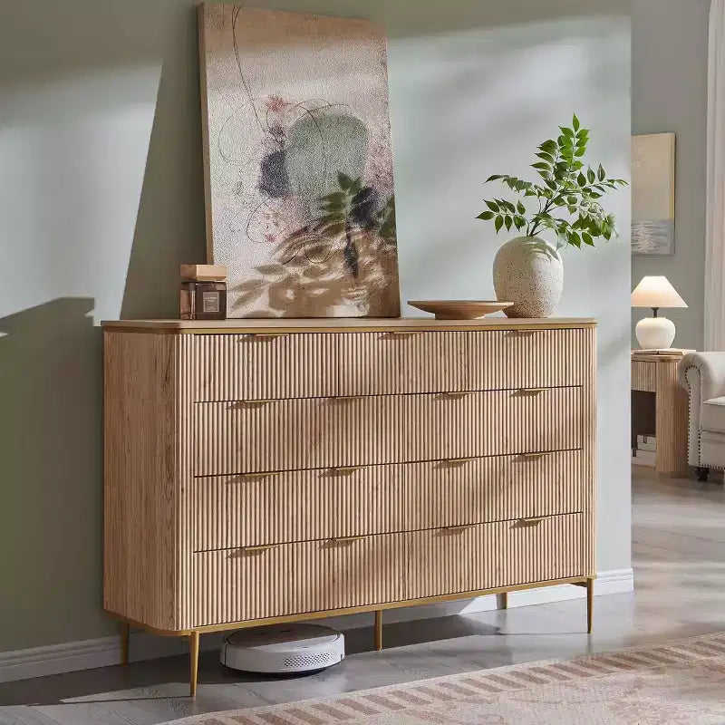 Commode à 9 tiroirs, chiffonnier en bois de 137 cm de large avec poignées métalliques, meuble TV et organiseur de rangement moderne pour chambre et salon