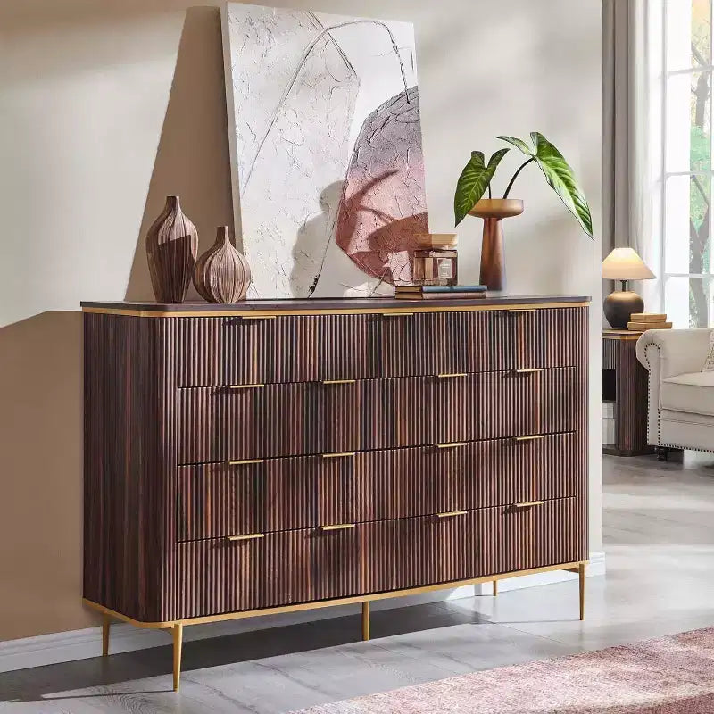 Commode à 9 tiroirs, chiffonnier en bois de 137 cm de large avec poignées métalliques, meuble TV et organiseur de rangement moderne pour chambre et salon