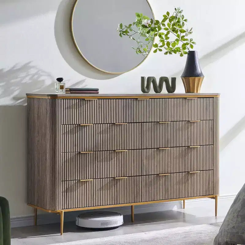 Commode à 9 tiroirs, chiffonnier en bois de 137 cm de large avec poignées métalliques, meuble TV et organiseur de rangement moderne pour chambre et salon