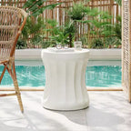 15.75in Outdoor Round Concrete Side Table, Indoor Living Room End Table, Cylindrical Waisted Design, White