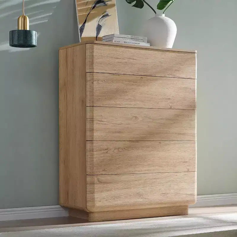 Commode à 5 tiroirs, commode en bois, commode moderne au design profilé courbé, armoire de rangement pour chambre à coucher ou salon