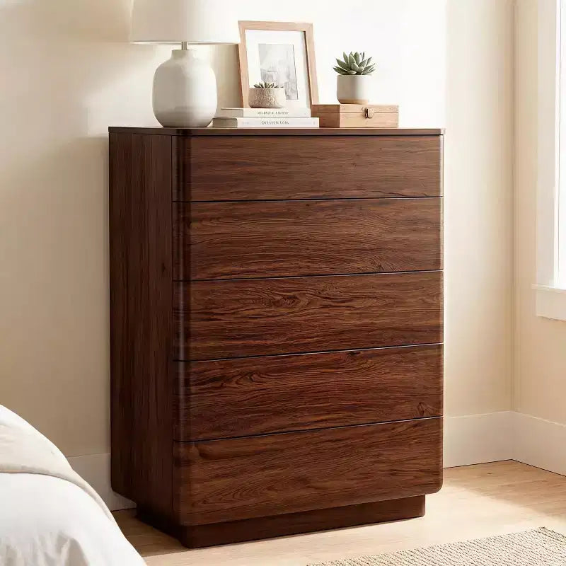Commode à 5 tiroirs, commode en bois, commode moderne au design profilé courbé, armoire de rangement pour chambre à coucher ou salon