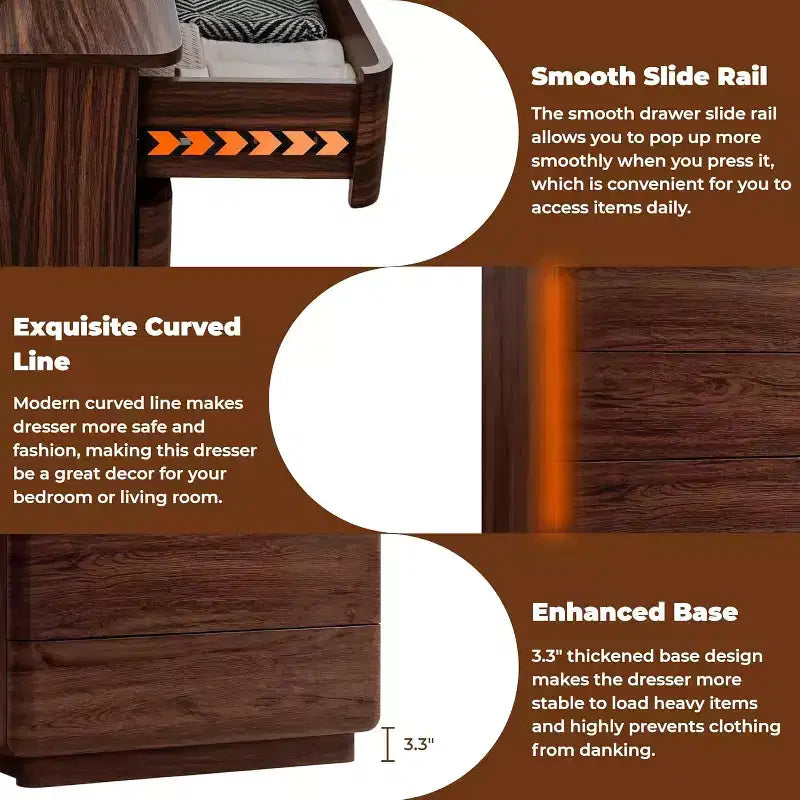 Commode à 5 tiroirs, commode en bois, commode moderne au design profilé courbé, armoire de rangement pour chambre à coucher ou salon