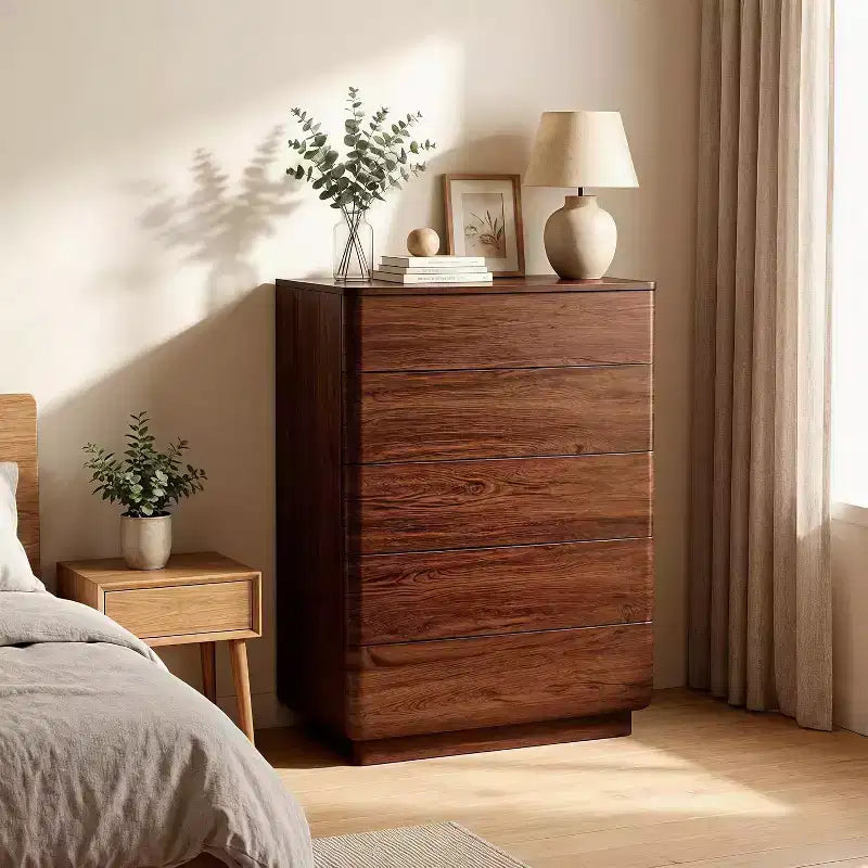 5 Drawer Dresser, Wooden Chest of Drawers, Modern Dresser with Curved Profile Design, Storage Organizer Cabinet for Bedroom Living Room