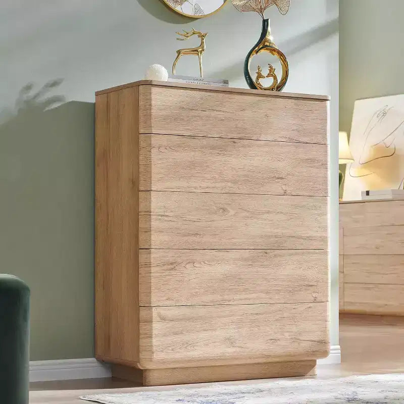 Commode à 5 tiroirs, commode en bois, commode moderne au design profilé courbé, armoire de rangement pour chambre à coucher ou salon