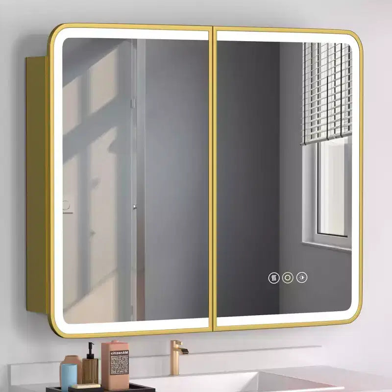 Aris 36x32 LED Medicine Cabinet with Mirror, Wall/Recess Mount Bathroom Cabinet, Dimmable, 3-Mode Light, Anti-Fog, Adjustable Shelves, Gold