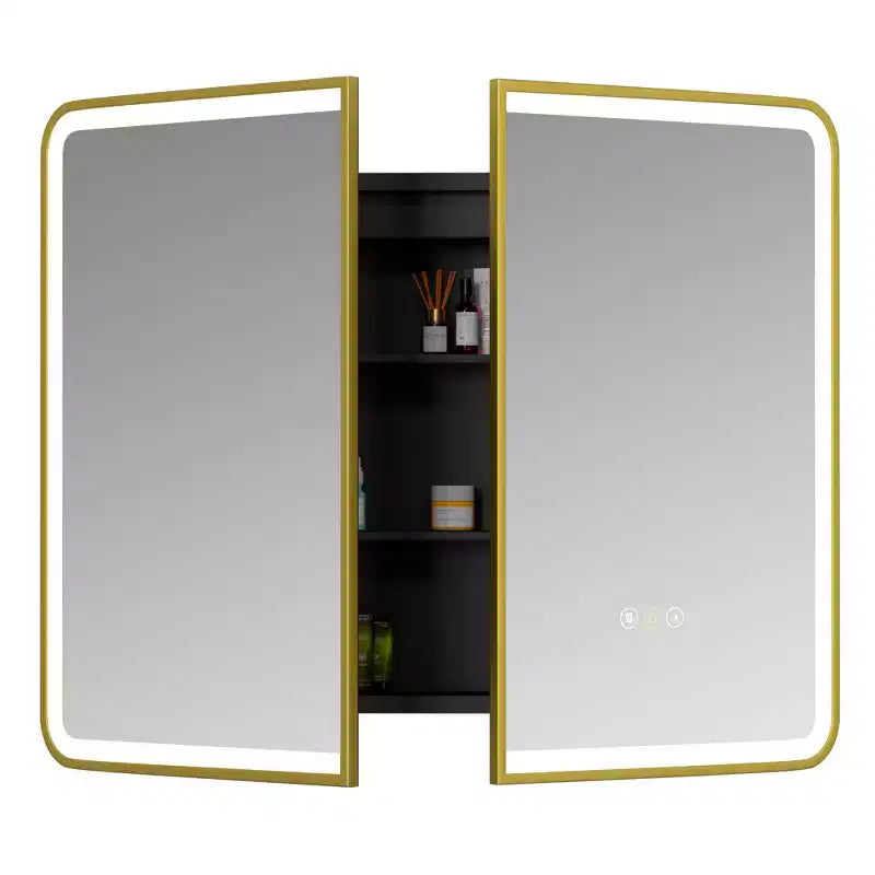 Armoire à pharmacie Aris 36x32 LED avec miroir, armoire de salle de bain murale/encastrée, intensité variable, lumière à 3 modes, anti-buée, étagères réglables, doré