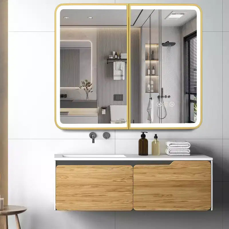 Armoire à pharmacie Aris 36x32 LED avec miroir, armoire de salle de bain murale/encastrée, intensité variable, lumière à 3 modes, anti-buée, étagères réglables, doré