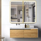 Armoire à pharmacie Aris 36x32 LED avec miroir, armoire de salle de bain murale/encastrée, intensité variable, lumière à 3 modes, anti-buée, étagères réglables, doré