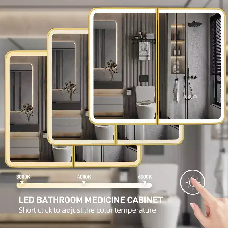 Armoire à pharmacie Aris 36x32 LED avec miroir, armoire de salle de bain murale/encastrée, intensité variable, lumière à 3 modes, anti-buée, étagères réglables, doré