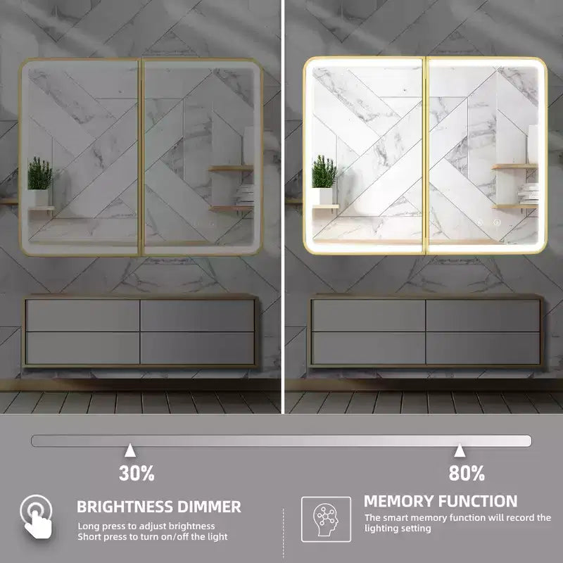 Armoire à pharmacie Aris 36x32 LED avec miroir, armoire de salle de bain murale/encastrée, intensité variable, lumière à 3 modes, anti-buée, étagères réglables, doré