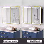 Armoire à pharmacie Aris 36x32 LED avec miroir, armoire de salle de bain murale/encastrée, intensité variable, lumière à 3 modes, anti-buée, étagères réglables, doré