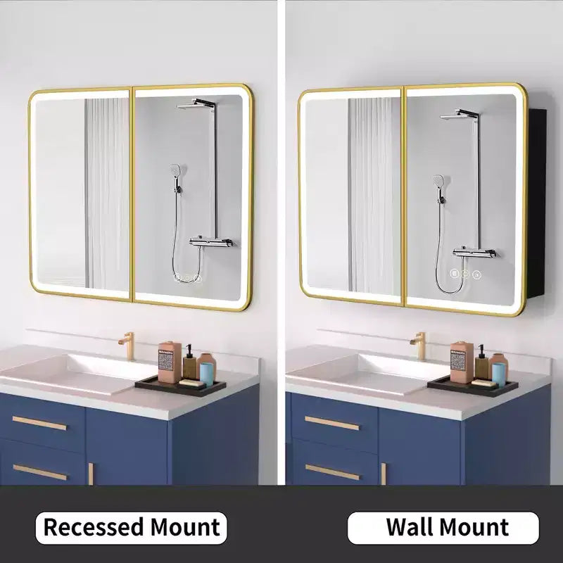Armoire à pharmacie Aris 36x32 LED avec miroir, armoire de salle de bain murale/encastrée, intensité variable, lumière à 3 modes, anti-buée, étagères réglables, doré
