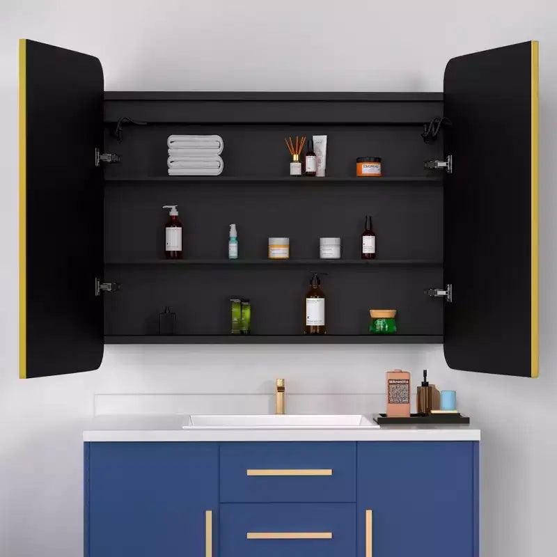 Armoire à pharmacie Aris 36x32 LED avec miroir, armoire de salle de bain murale/encastrée, intensité variable, lumière à 3 modes, anti-buée, étagères réglables, doré