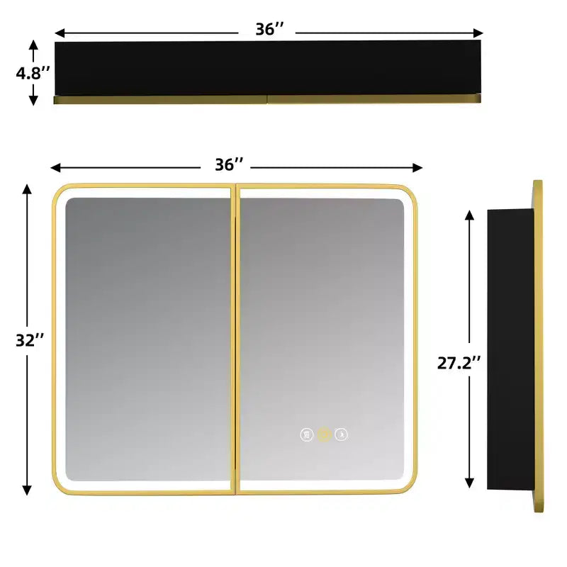 Armoire à pharmacie Aris 36x32 LED avec miroir, armoire de salle de bain murale/encastrée, intensité variable, lumière à 3 modes, anti-buée, étagères réglables, doré