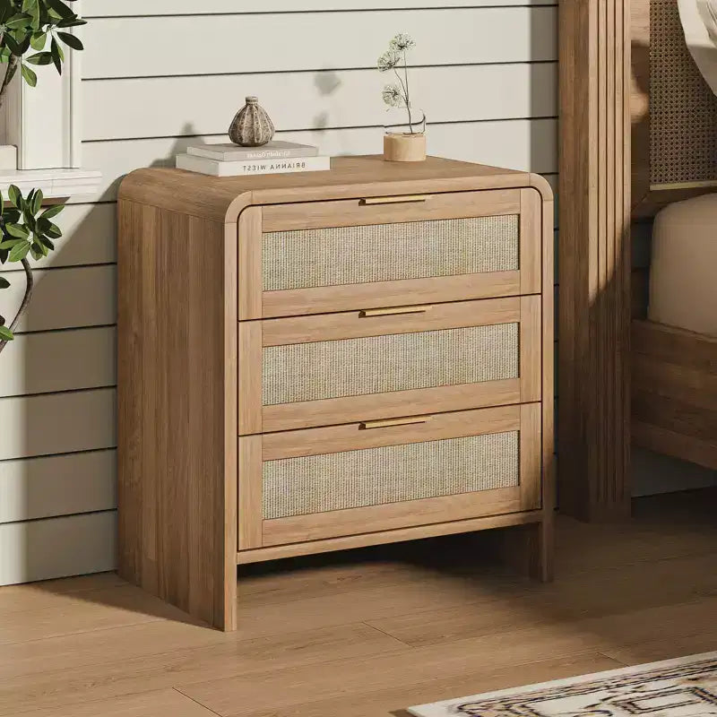 Table de chevet bohème en rotin à 3 tiroirs pour chambre à coucher et salon