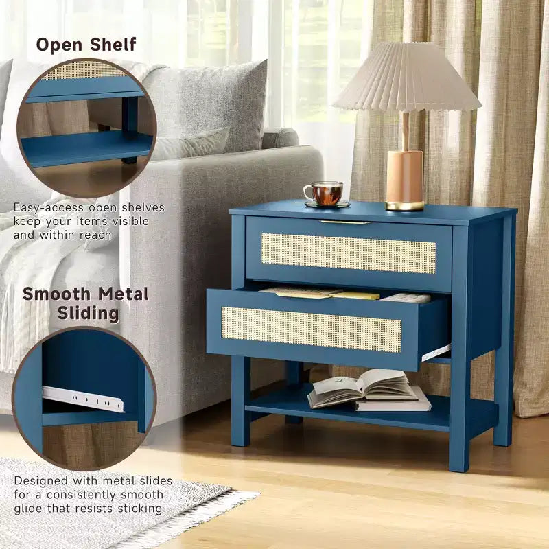 Table de chevet bohème en rotin avec 2 tiroirs pour chambre à coucher ou salon