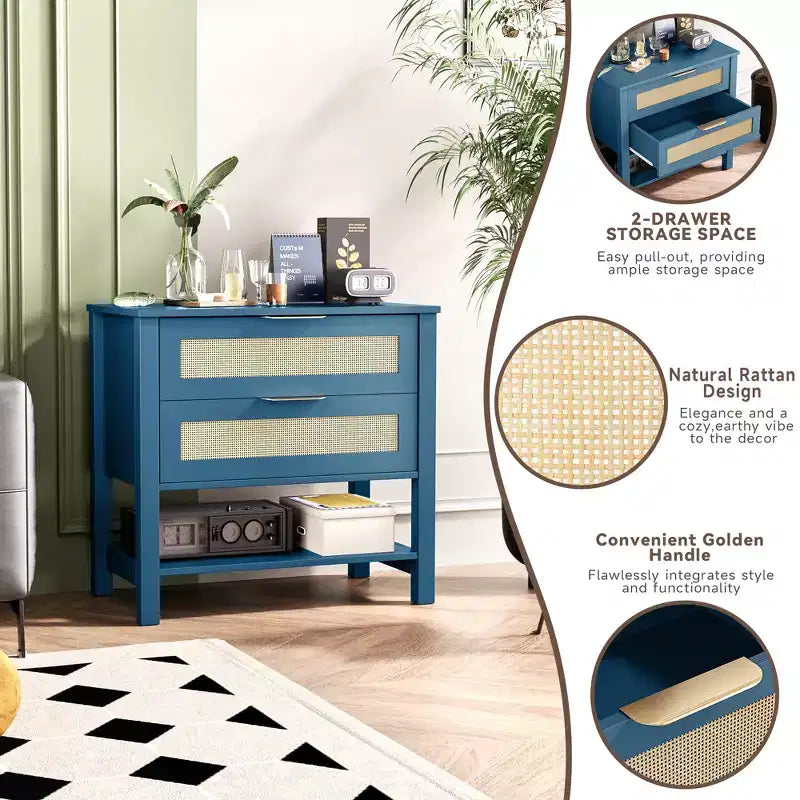 Table de chevet bohème en rotin avec 2 tiroirs pour chambre à coucher ou salon