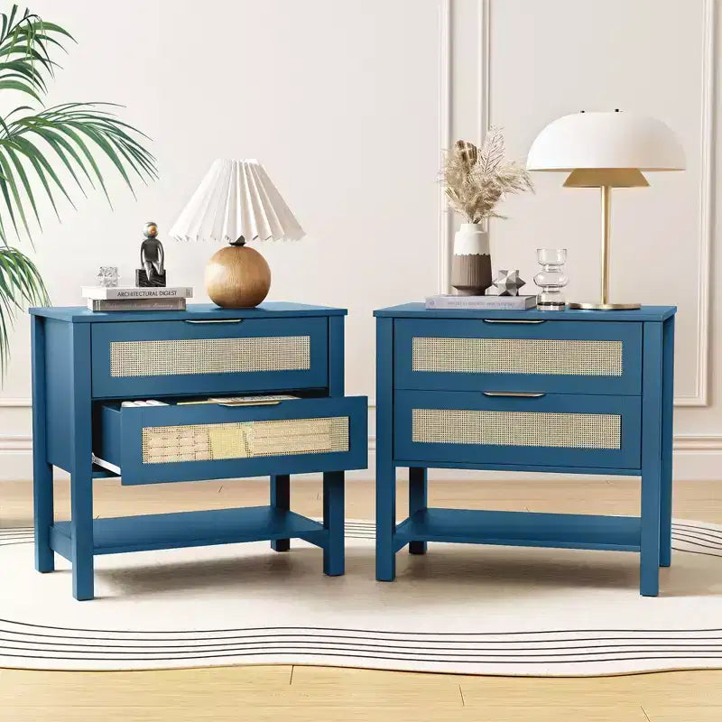 Table de chevet bohème en rotin avec 2 tiroirs pour chambre à coucher ou salon
