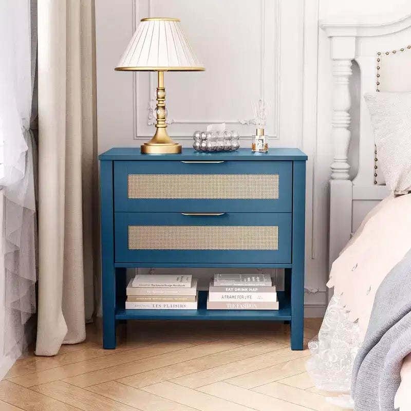 Table de chevet bohème en rotin avec 2 tiroirs pour chambre à coucher ou salon