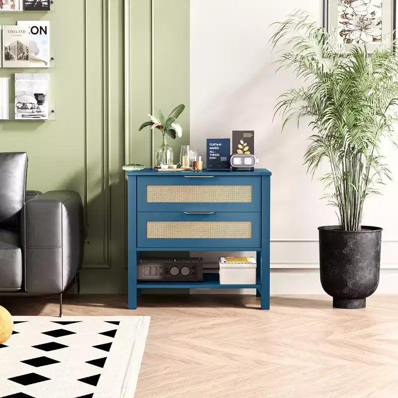 Table de chevet bohème en rotin avec 2 tiroirs pour chambre à coucher ou salon